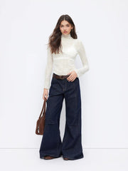 Lace High Neck Long Sleeve Lettuce Trim See-through Top