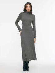 Stand Collar A-line Long Sleeve Maxi Dress
