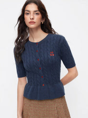 Cable Knit Cherry Embroidery Round Neckline Ruffled Hem Top
