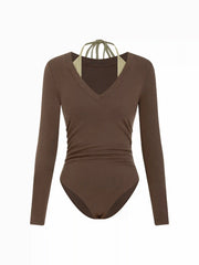 Cotton-blend Colorblock Halter V-neck Long Sleeve Ruched Bodysuit