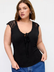 Cotton-blend Scoop Neck Lace Panel Tie-front Tank Top Curve & Plus