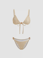 V-neck O-ring Lettuce Trim Triangle Bikini Set