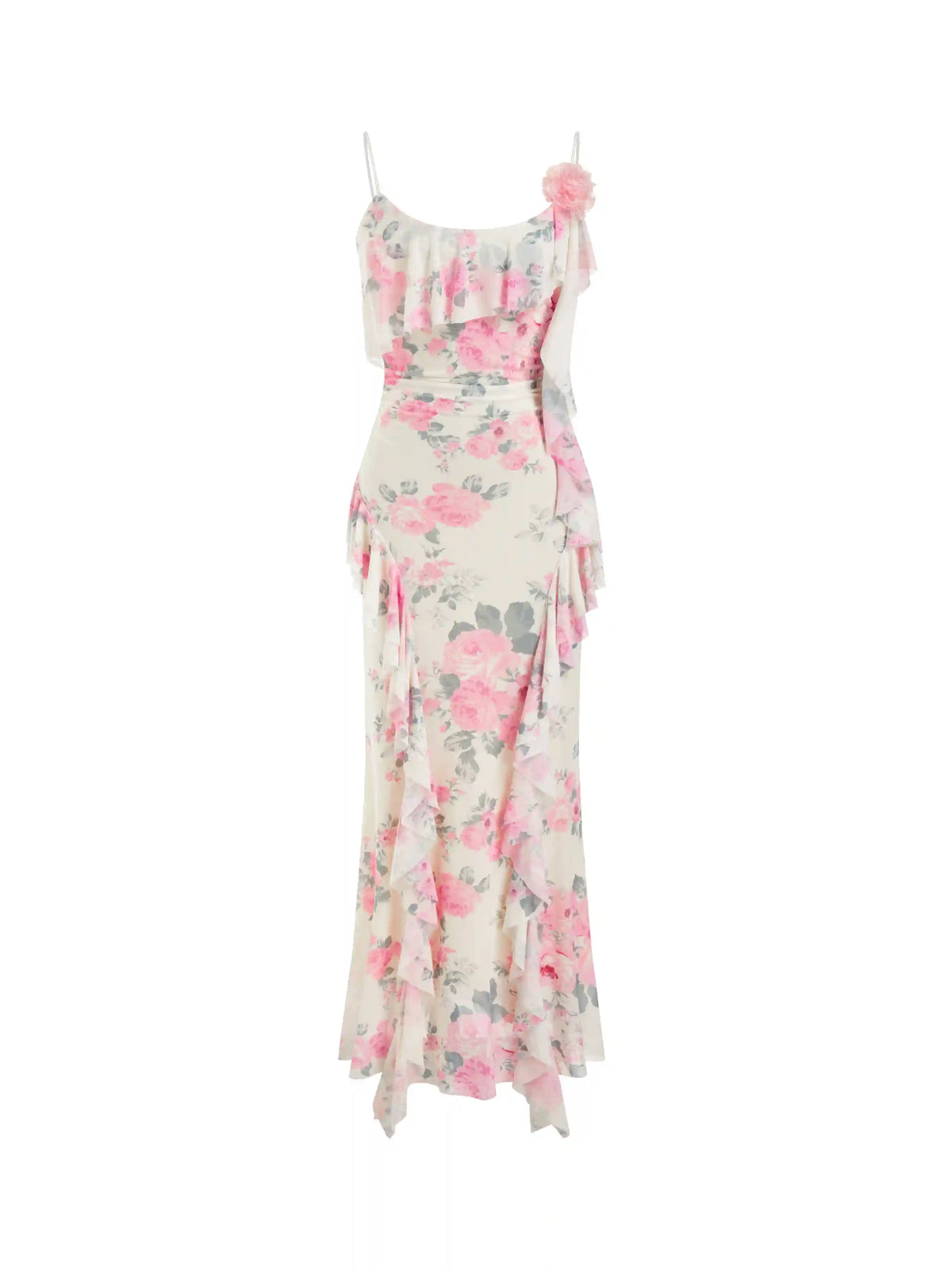 Mesh Floral Ruffled Bobycon Cami Maxi Dress