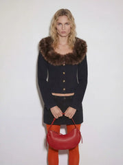 Stretch Denim Faux Fur Trim Scoop Neckline Long Sleeve Jacket