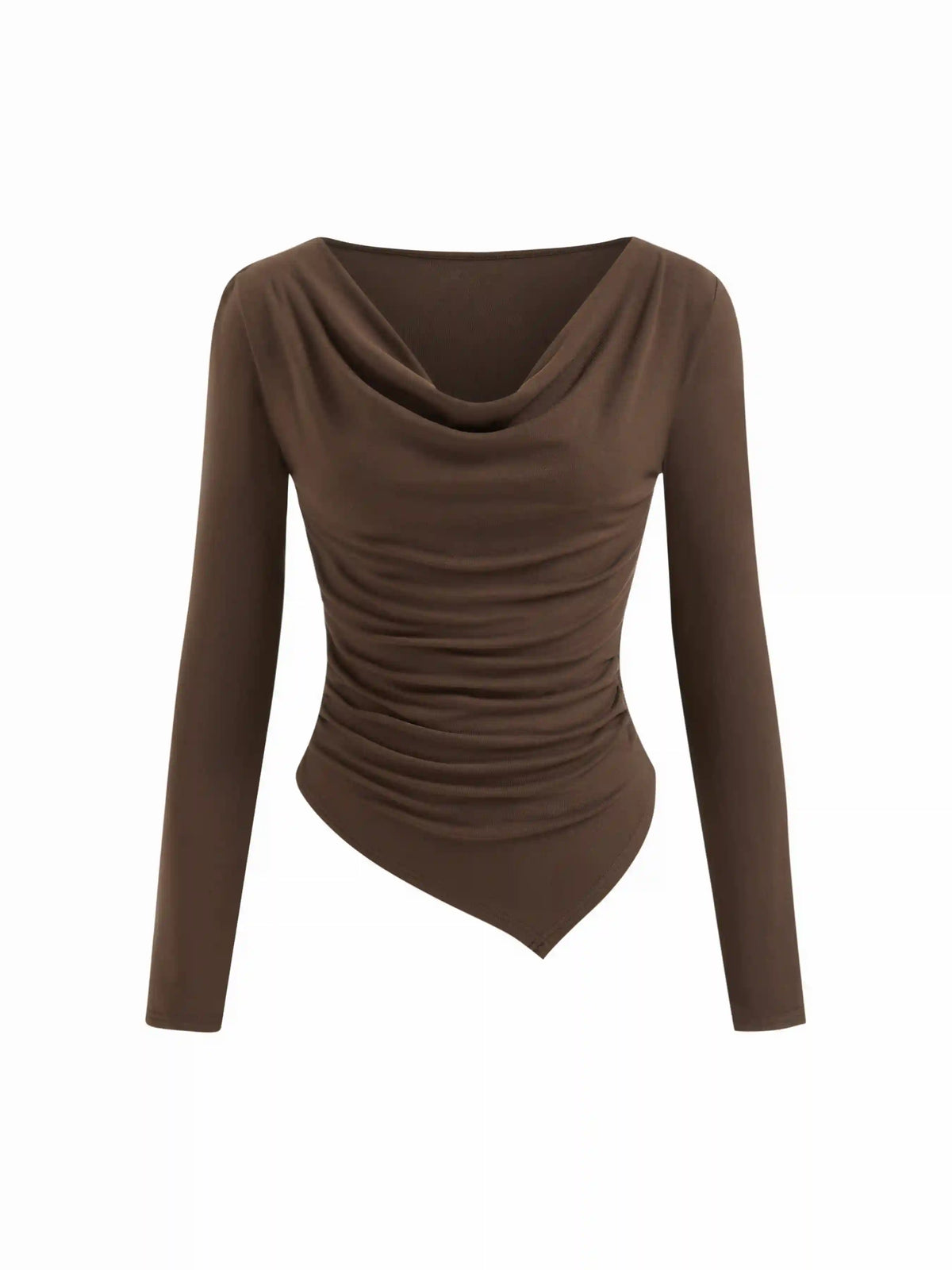 Cowl Neck Long Sleeve Asymmetrical Hem Ruched Top