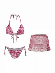 Halter Neckline Paisley Triangle Bikini Set With Ruffle Cover Up Skirt