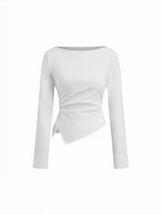 Cotton-blend Boat Neck Long Sleeve Ruched Asymmetrical Hem Tee
