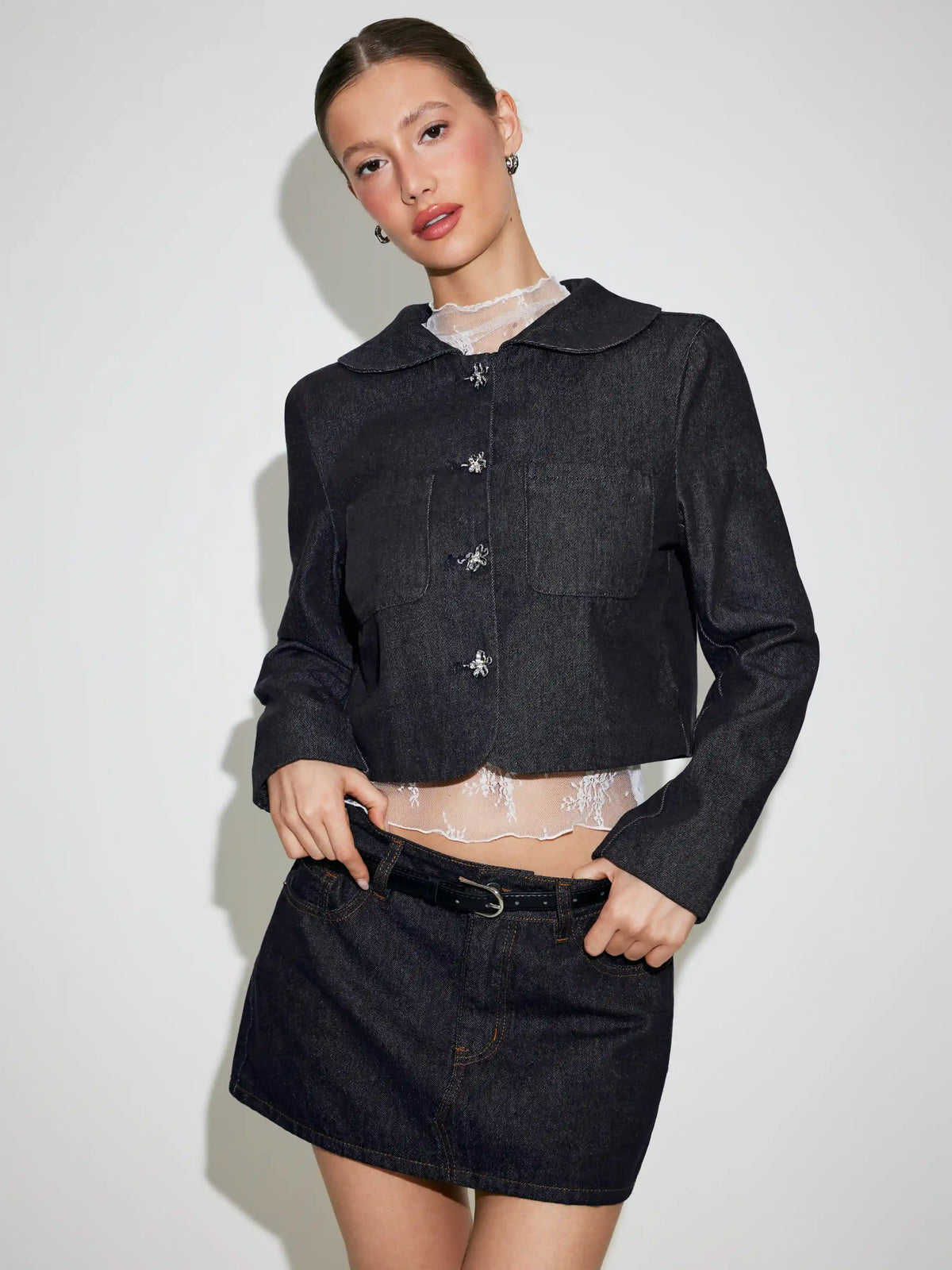 Washed Denim Peter Pan Collar Floral Metal Button Oversized Jacket