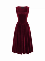 Velvet Square Neck Corset Lace Up Midi Dress