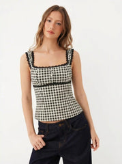 Gingham Square Neck Contrasting Lace Blouse