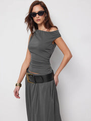 Cotton-blend Asymmetrical Off-shoulder Top & Mid Rise Bubble Hem Cocoon Midi Skirt Set