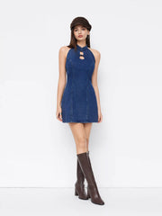 Stretch Denim Mandarin Collar Solid Cut Out Mini Dress