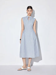 Cotton-blend Gingham Stand Collar Tie Neck Shirt Midi Dress