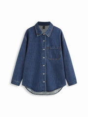 Denim Collar Long Sleeve Curved Hem Oversized Blouse