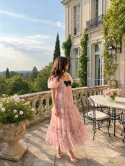 Floral Square Neck Puff Sleeve Bowknot Ruffled Tiered Babydoll Maxi Dress