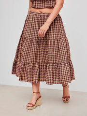 Cotton-blend Mid Rise Check Layered Maxi Skirt Curve & Plus
