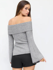 Knit Wool-blend Off-shoulder Bell Sleeve Metal Button Top