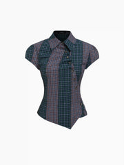 Cotton-blend Asymmetrical Button Two Tone Patched Shirt