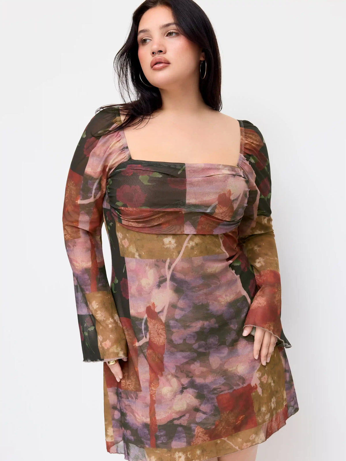 Mesh Bell Sleeve Patchwork Ruched Flared Mini Dress Curve & Plus