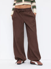 Denim Mid Rise Elastic Waist Wide Leg Drawstring Jogger Jeans