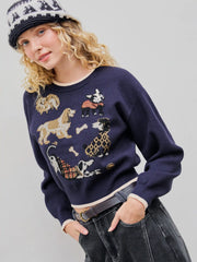 Knit Round Neck Puppy Contrasting Binding Cropped Sweater