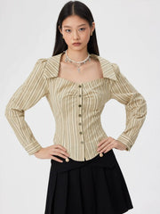 Cotton-blend Sweetheart Puff Sleeve Striped Buckle Blouse