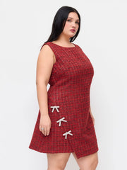 Tweed Boat Neck Rhinestone Bowknot Mini Dress Curve & Plus