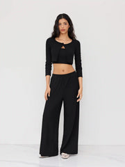U-neckline Button Solid Cardigan & Crop Tank Top & Elastic Waist Trousers Matching Set