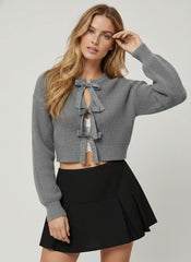 Knit Round Neck Solid Tie Front Bowknot Cardigan