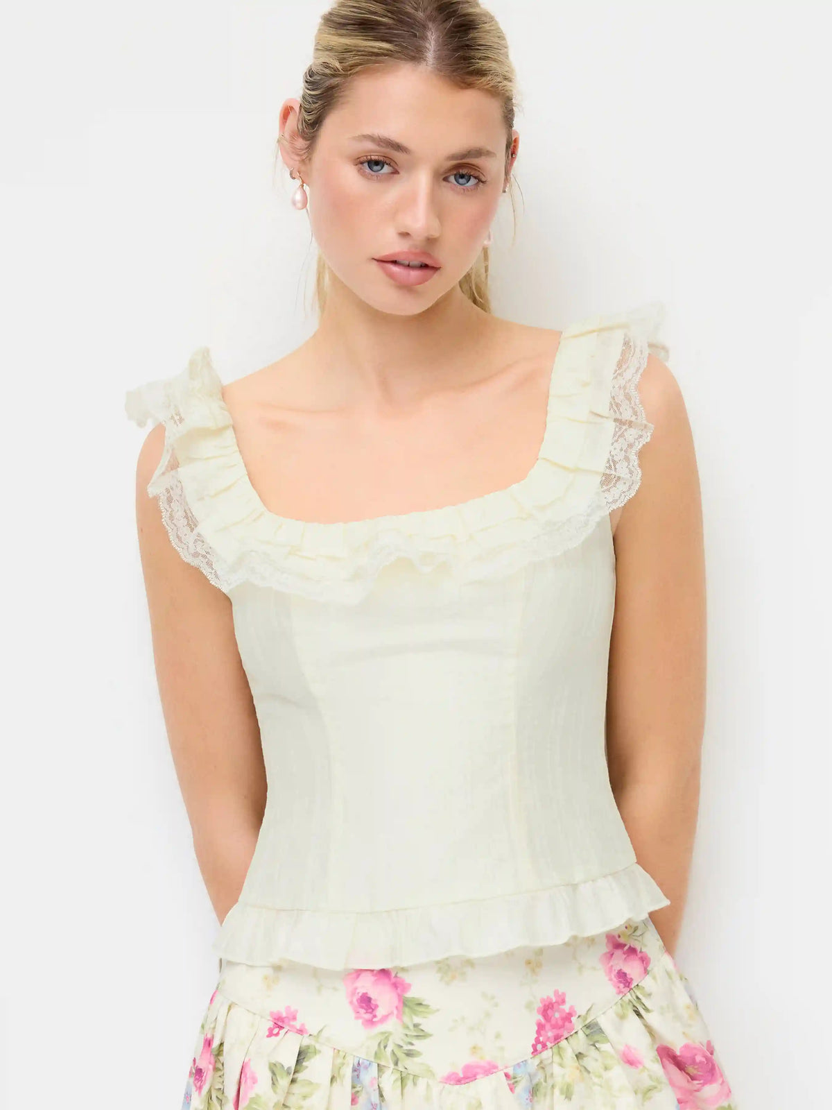 Square Neck Ruffled Smocked Lace Trim Crop Blouse