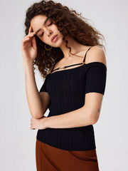 Wool-blend Off-shoulder Knitted Short Sleeve Crop Top