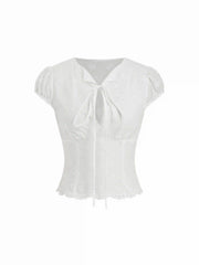 Cotton Broderie Anglaise Puff Sleeve Bowknot Blouse