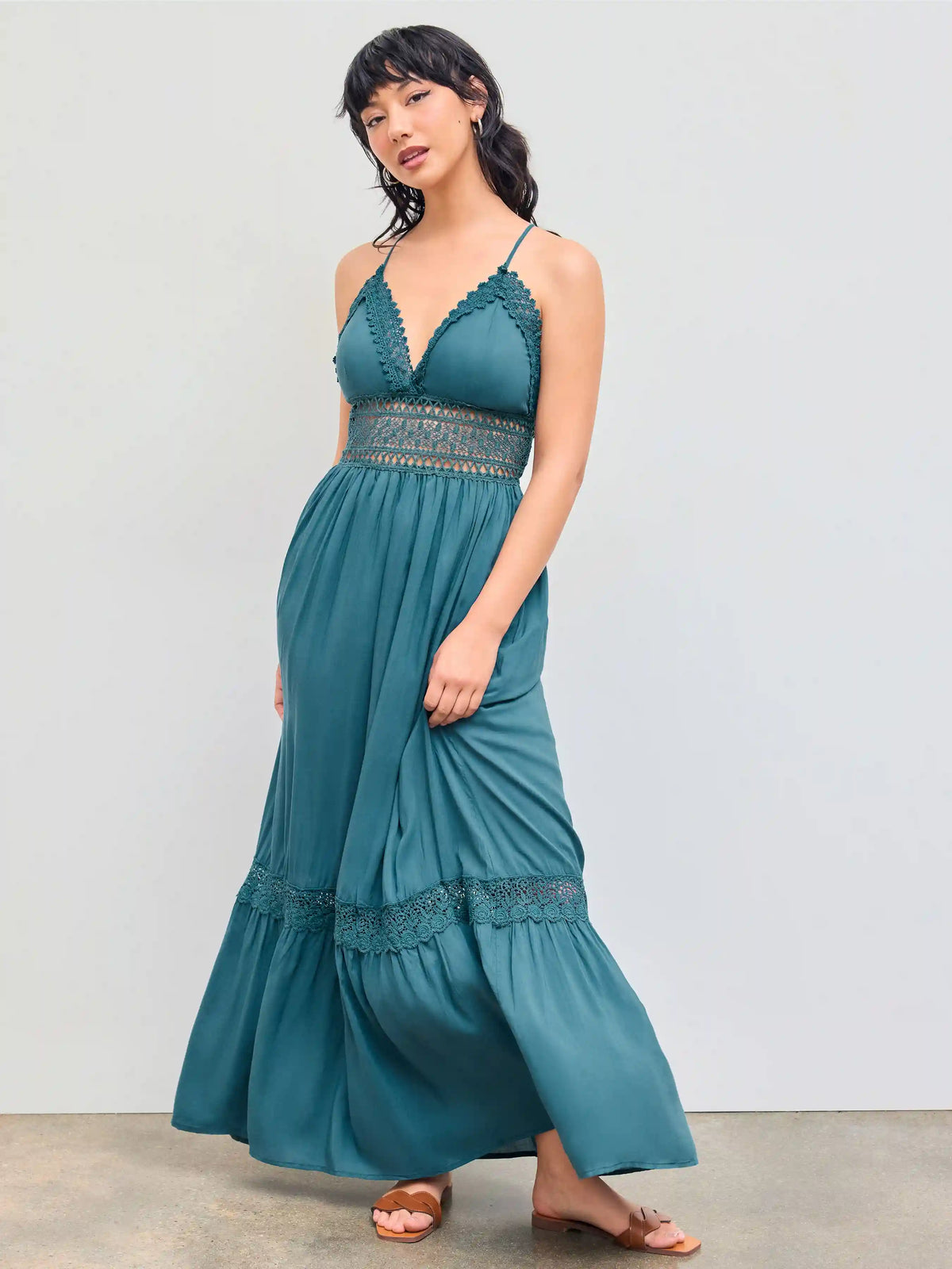 Solid Lace Trim Tiered Maxi Dress