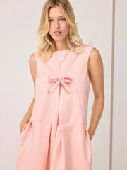 Tweed Boat Neck Bowknot Pleated Midi Dress