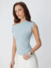 Textured Cowl Neck Drawstring Ruched Sleeveless Bodysuit