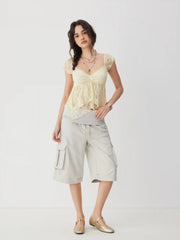 Lace Sweetheart Neck Ruffle Sleeve Bowknot Asymmetrical Hem Top