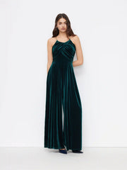 Solid Velvet Scoop Neckline Sleeveless Ruched Jumpsuit
