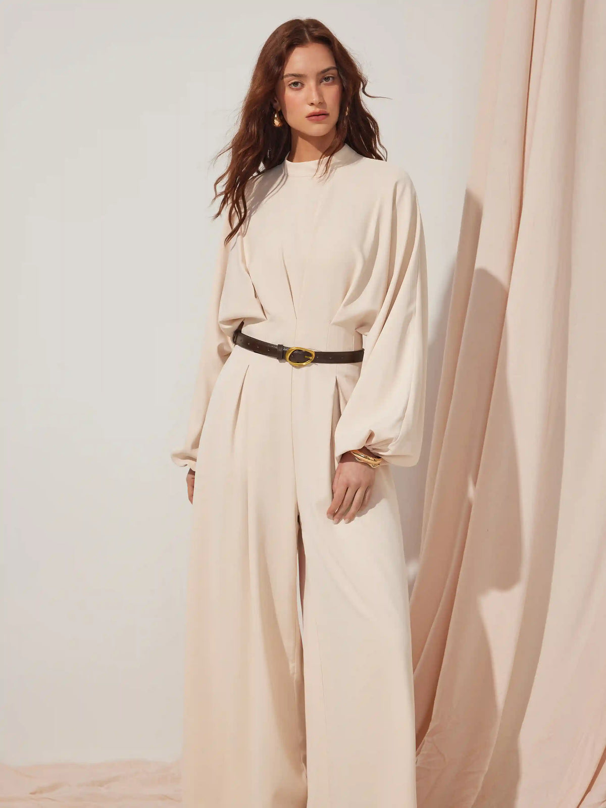 High Neck Puff Sleeve High Rise Wide Leg Jumpsuit With Belt