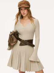Ribbed Knit Round Neck Bell Sleeve Pleated Mini Dress