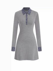 Cotton-blend Collar Tartan Contrasting Binding Mini Dress