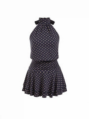 Chiffon Polka Dot Halter Neckline Ruffled Tie Back Mini Dress