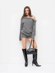 Knit Asymmetrical Neck Faux Fur Trim Oversized Top & Mid Rise Shorts Set