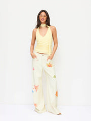 Washed Denim Low Rise Floral Graphic Wide Leg Trousers