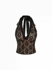 Lace Halter Neck Top With Rose Detail