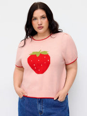 Knit Strawberry Graphic Contrasting Binding Top Curve & Plus