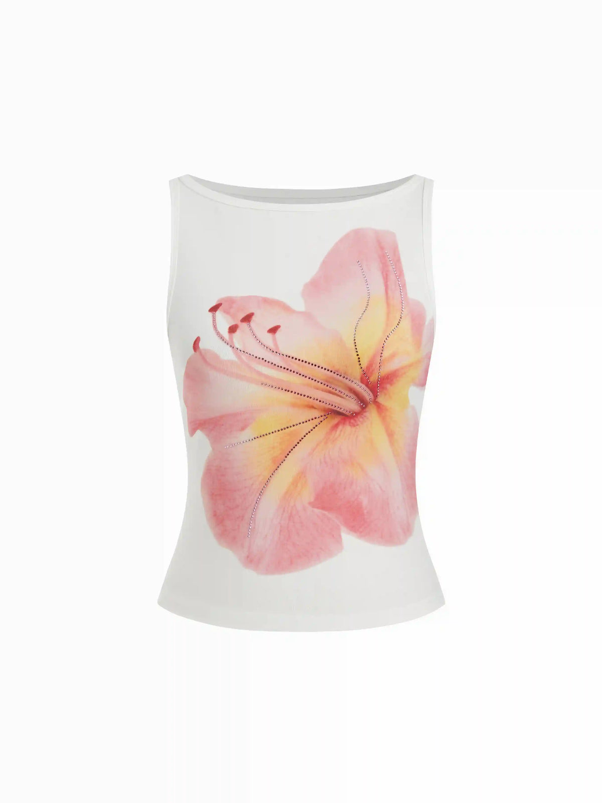 Cotton-blend Floral Graphic Rhinestone Detail Tank Top