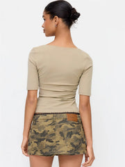 Camo Denim Low Rise Lace Panel A-line Mini Skirt