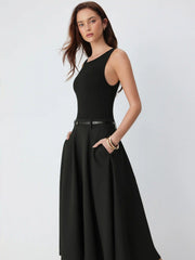 Round Neckline Sleeveless Pocket Midi Flared Dress With Belt