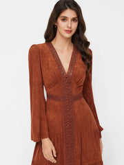 Suede V-neck Lace Trim Ruched Tiered Flare Sleeve Maxi Dress