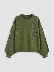Knit Round Neckline Leaf Braid Oversized Sweater